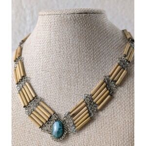 Boho Tribal Bamboo Bead Necklace Turquoise Stone Silver Tone Statement